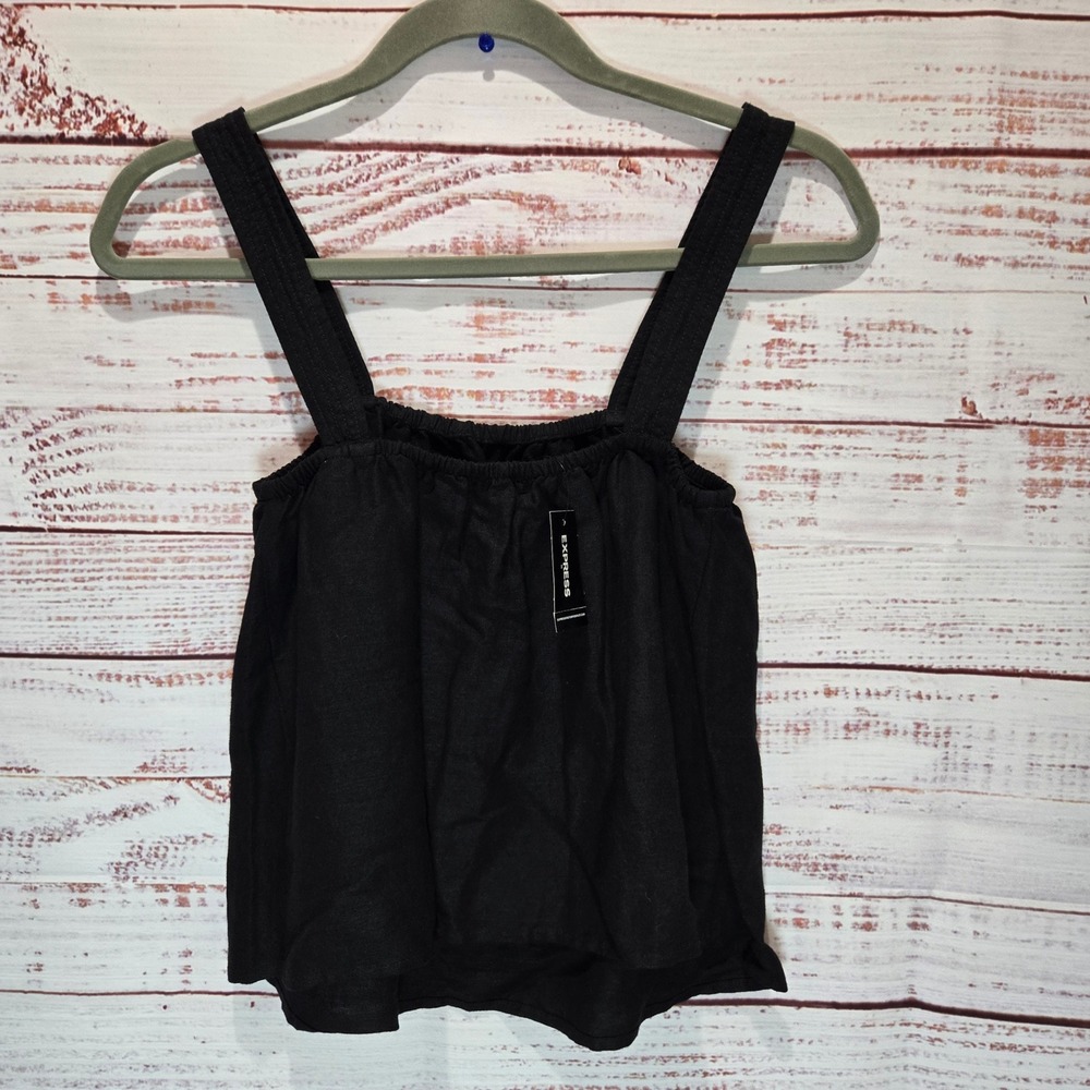 Express Women's Linen Blend Square Neck Tank Top Elasticized neck Black XS NEW - Picture 1 of 6